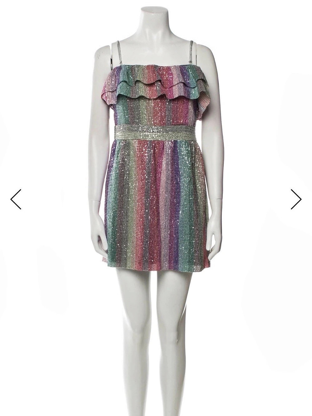 SAYLOR Rainbow Stripe Sequin Mini Dress w/ ruffle Party Cocktail Homecoming